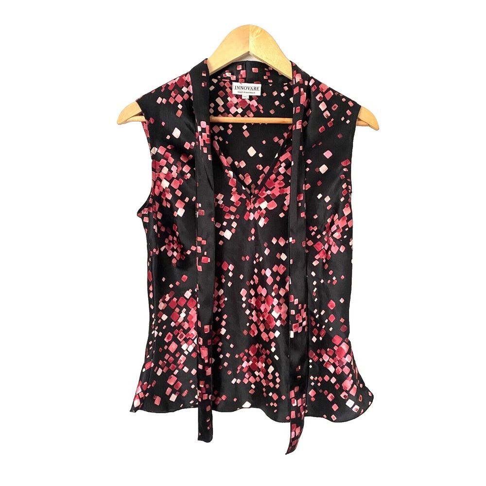 Vintage Innovare Satin Black & Pink Sleeveless Blouse Tie Notched Collar Size 6